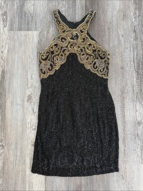 Black & Gold Beaded Halter Prom Dress
